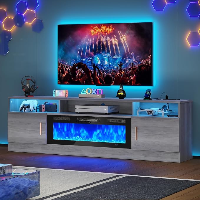 MXV 70" Fireplace TV Stand with Power Outlet for TVs UP to 80", Electric Fireplace Entertainment Center with LED Lights & Storage Cabinets, TV Console for Living Room, Office, Grey-Black by Unknown