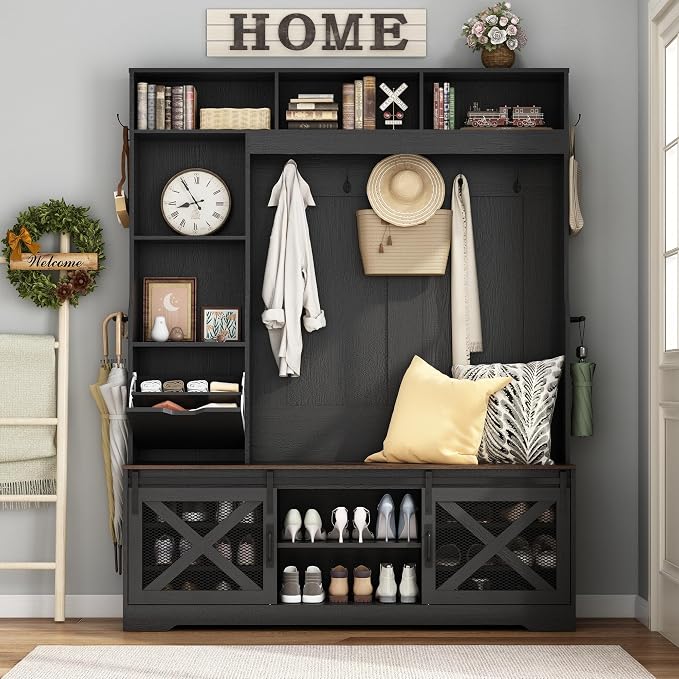 75''H LED Farmhouse Hall Tree with Bench and Shoe Storage,Entryway Bench with Coat Rack,16 Shoe Cubbies & Umbrella Holder and Sock Storage Drawer,Mudroom/Hallway Storages Cabinet(black) - Image 6