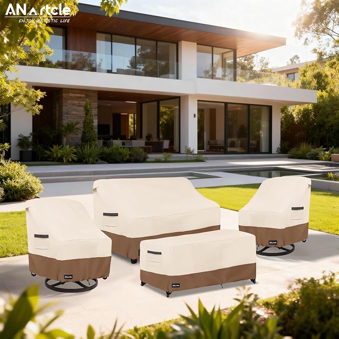 ANartcle Patio Furniture Covers 4 Piece Set, 600D Waterproof Heavy Duty Outdoor Furniture Covers,Fit Wicker Patio Loveseat, Swivel Rocker Chair and Coffee Table,Beige&Brown - Image 4