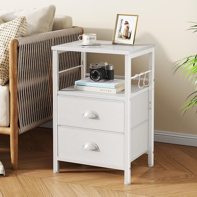 Furologee Nightstands Set of 2, End Table with 2 Fabric Drawers, Night Stand with 2 Hooks, Open Wood Shelf Bedside Table for Bedroom/Living Room/White - Image 2