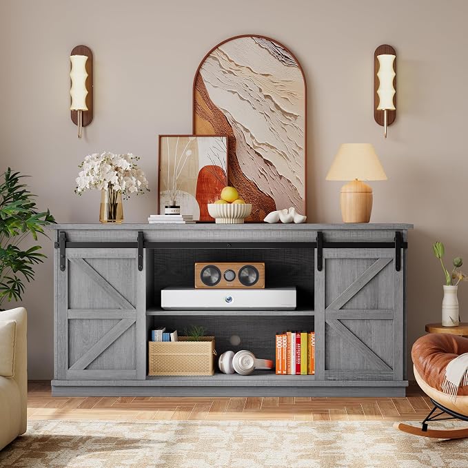 YESHOMY Farmhouse TV Stand for Televisions up to 65 Inch, Wood Entertainment Center with Sliding Barn Doors and 4 Storage Drawers, 58’’ Media Console Cabinet with Shelves for Living Room, Gray - Image 3