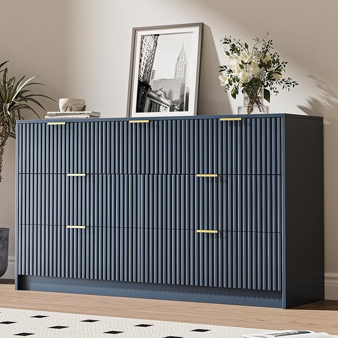 MAISONARIA 3-Piece Dresser Bedroom Set, 7 Drawer Dresser & 3 Drawer Nightstands with Gold Handles, Fluted Wood Chest of Drawers for Bedroom, Living Room, Entryway, Navy Blue