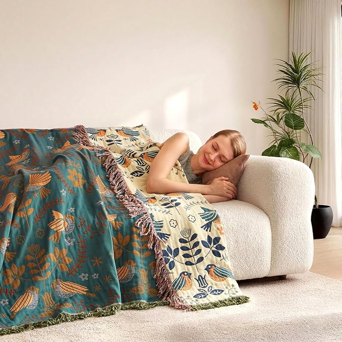 King Throw Blanket for Bed 100% Cotton Boho Soft Rustic Quilt Birds and Floral Double Embroidery Breathable Spring Bed Blanket,90"x108" All Season Blankets for Bedding Couch Room Decor