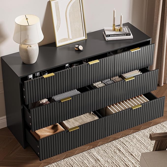 MAISONARIA 3-Piece Dresser Bedroom Set, 7 Drawer Dresser & 2 Drawer Nightstands with Gold Handles, Fluted Wood Chest of Drawers for Bedroom, Living Room, Entryway, Black