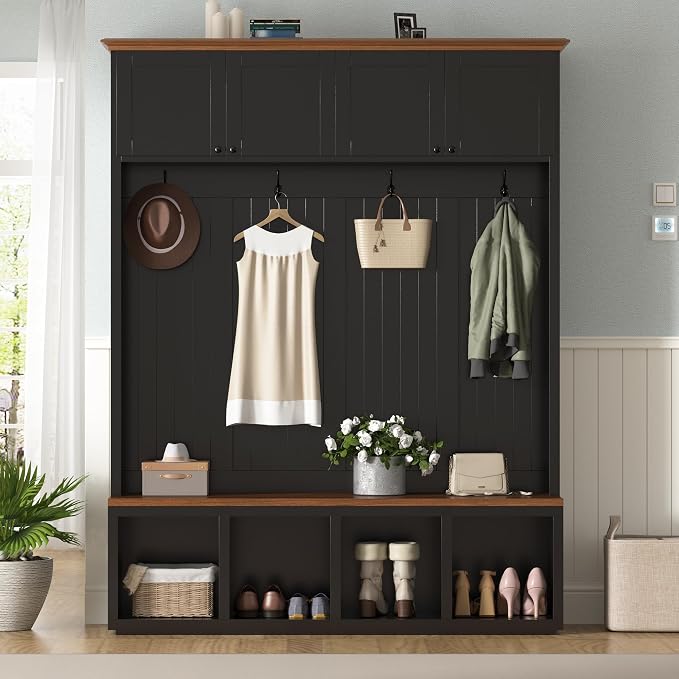 Merax Wood Rustic 59''W Hall Tree Entryway Bench with 4 Hooks and Cabinets, Farmhouse Mudroom Versatile Coat Racks with Shoe Storage Bench, Entrance Organizer for Hallway, Living Room Black - Image 2