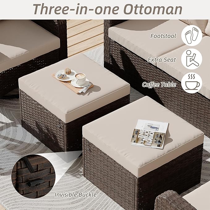 HOMREST 5 Piece Outdoor Patio Furniture Set-360 Wicker Swivel Chairs Set of 2 w/ 2 Ottoman, Coffee Table & Cushions Patio Bistro Set for Garden, Balcony (Khaki)