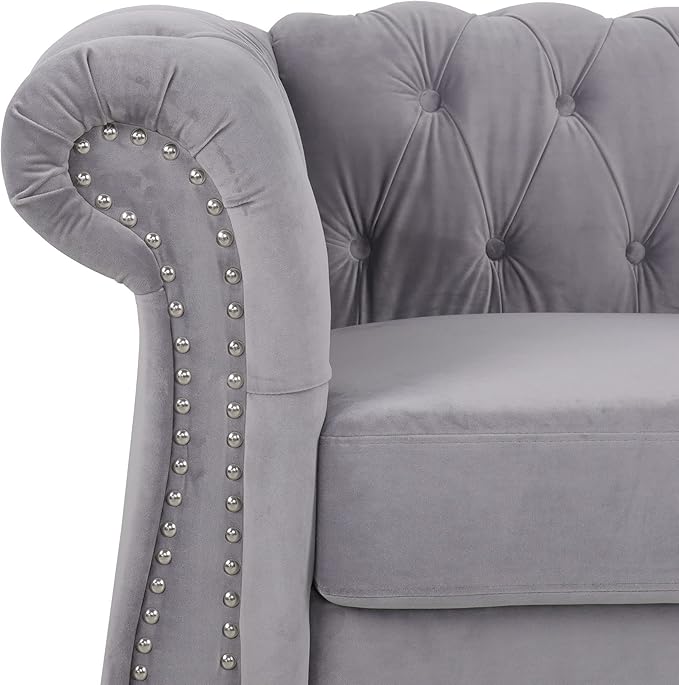 LEVNARY Velvet Chesterfield Chair, Mid-Century Modern Single Sofa Chair with Button Tufted Backrest and Nailhead Decor, Tufted Upholstered Rolled Armchair for Home Bedroom Reading Room (Gray)