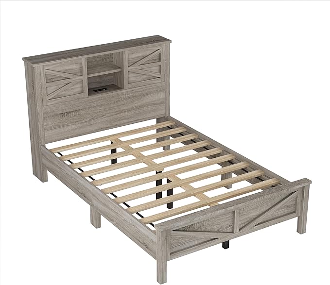 3-Pieces Bedroom Sets, Full Size Farmhouse Platform Bed with Cabinet and Nightstand, Wood Bedroom Furniture Set with Storage Headboard, No Box Spring Needed (Antique Gray/77)