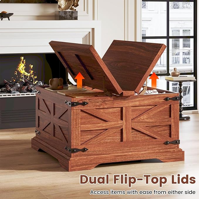 Farmhouse Coffee Table with Storage, Square Center Table for Living Room, Hinged Lift Top Soft Close, Wooden Large Hidden Storage with Metal Corner, Cherry Wood