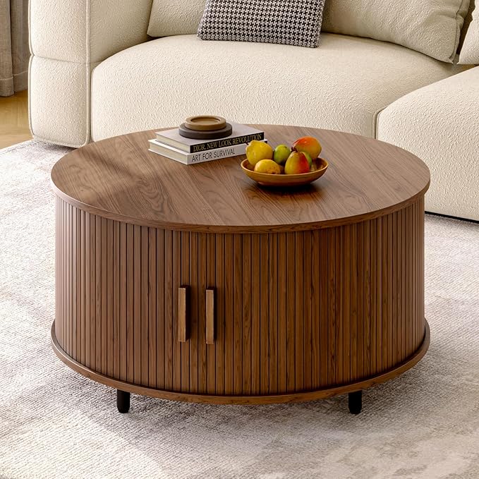ONBRILL Round Coffee Table with Storage, 31.5" Modern Coffee Table with 360° Curved Sliding Door, Fluted Wood Accent Coffee Table with Adjustable Footpads, Round Center Table for Living Room, Walnut