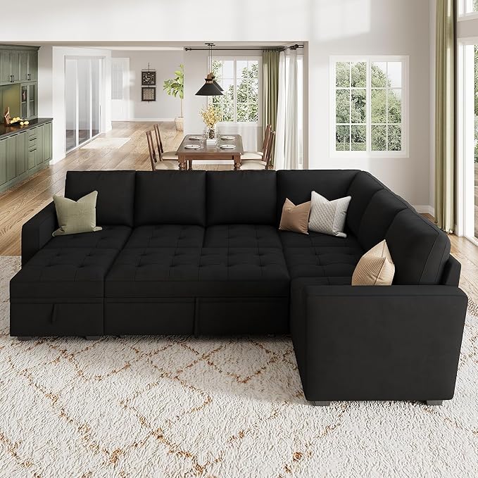 HONBAY Modular Sectional Couch with Pull Out Bed Sleeper Sofa with Storage U Shaped Modular Sectional Couches for Living Room,Velvet Black