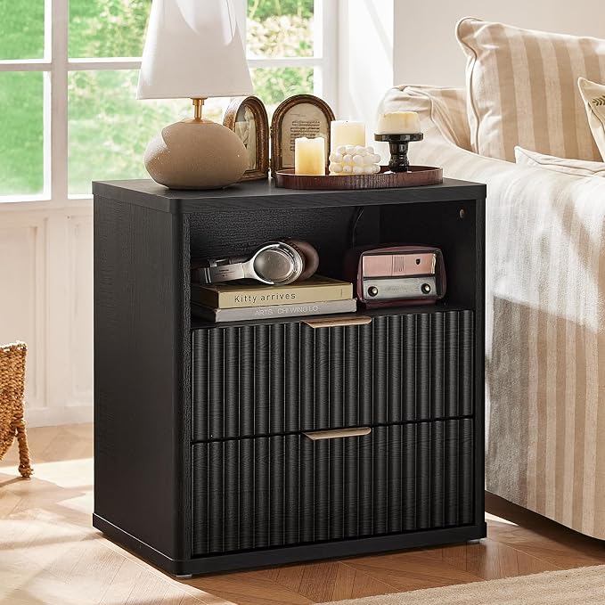 LEYAOYAO Fluted Nightstand with Charging Station, 23" Wide 2 Drawers End Table,Black Night Stand with Open Storage Cabinet, Modern Bed Side Tables, Wood Dresser for Bedroom, Living Room, Closet by LEYAOYAO-Findtheshiningpointofyourideallife%EF%BC%81