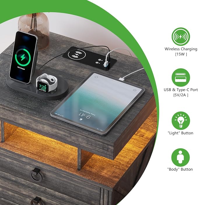 WOOVIVS Side Table with Gun Drawer - Farmhouse Night Stand with Charging Station for Bedroom, Smart End Table with LED Lights for Livingroom, Hidden Compartment Nightstands-Rustic Brown - Image 4