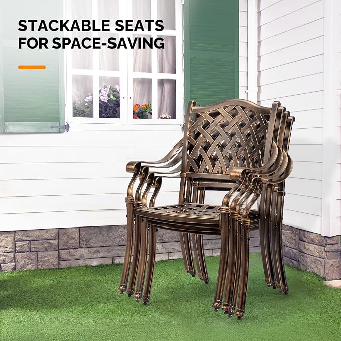 VINGLI Patio Chairs Set of 4 - Stackable Outdoor Cast Aluminum Dining Chairs with Vintage Bronze Finish and Diamond Pattern, Metal Armchairs for Poolside, Backyard, Balcony (No Cushion) - Image 6