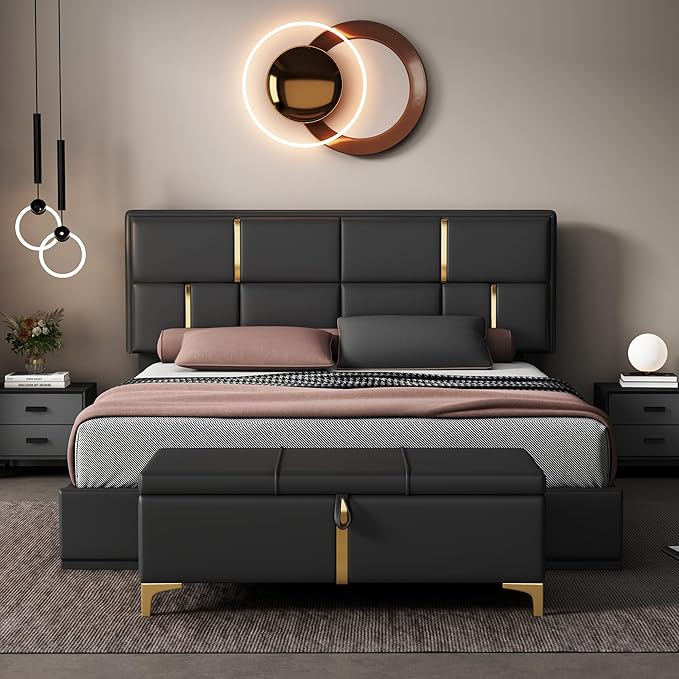 2 Piece Queen Size Bedroom Sets with Ottoman Hydraulic Storage Bed Frame with Headbaord and Storage Bench - Black