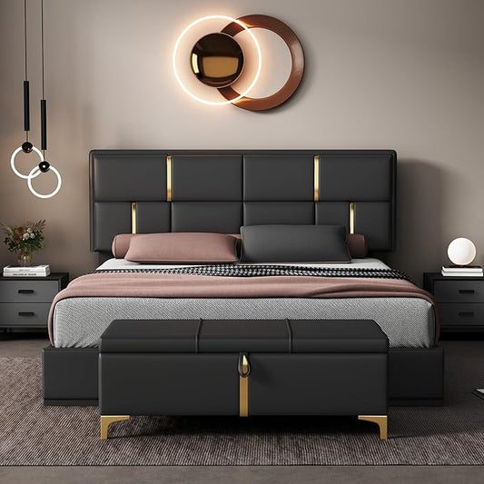 2 Piece Queen Size Bedroom Sets with Ottoman Hydraulic Storage Bed Frame with Headbaord and Storage Bench - Black