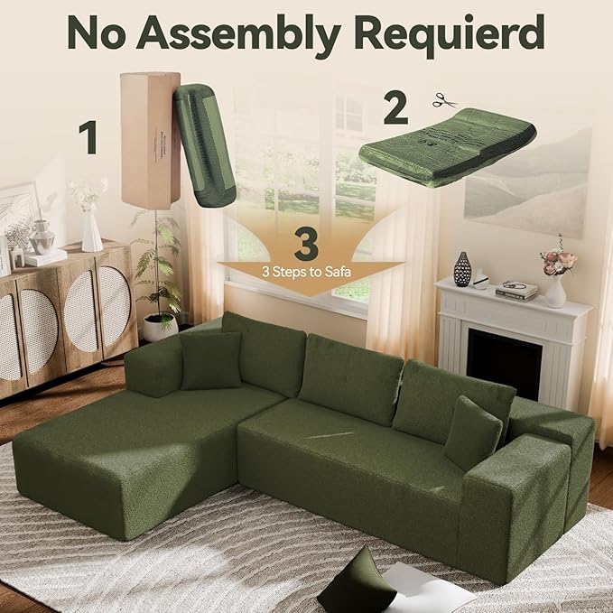 106" Modular Sectional Sofa, Green Wool Cloud Couch with Right Chaise, Deep Seat Boneless Floor Sofa for Living Room, High-Resilience Foam Support, No Assembly Required, Includes Pillows | Sectional Sofa, Corduroy Cloud, Boneless, High-Resilience, No A...