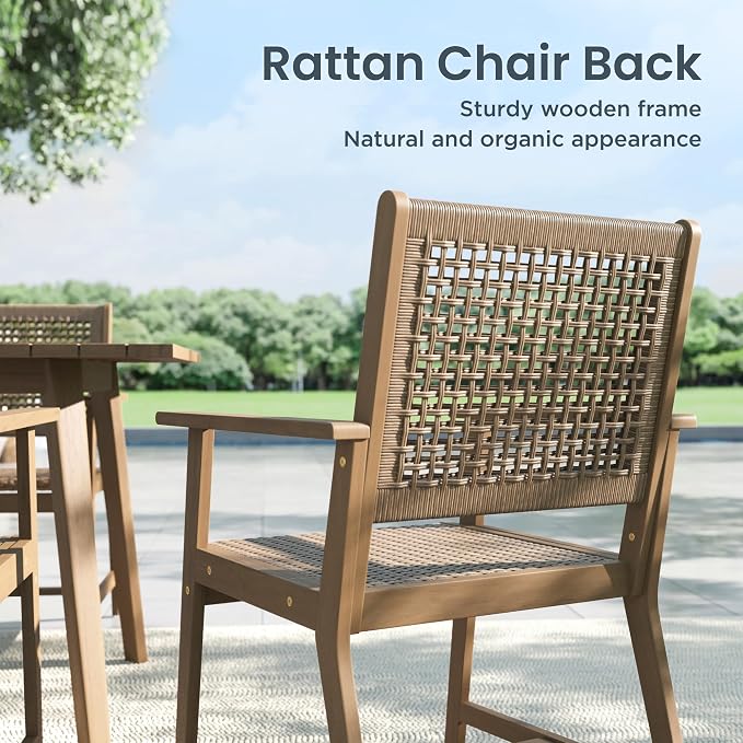 PHI VILLA Outdoor Acacia Wood Chairs Set of 2, Patio Dining Armchairs with Wicker Back & Seat, Farmhouse Style Teak Seating Furniture for Deck Yard Balcony Garden - Light Brown - Image 6