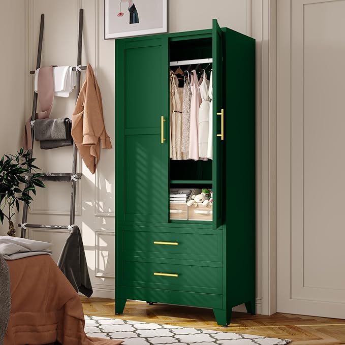 Metal Armoire Wardrobe Closet Storage Cabinet with Hanging Rod,71'' Metal Wardrobe Cabinet with 2 Drawers and Adjustable Shelf,2 Doors for Bedroom, Laundry Room, Cloak Room