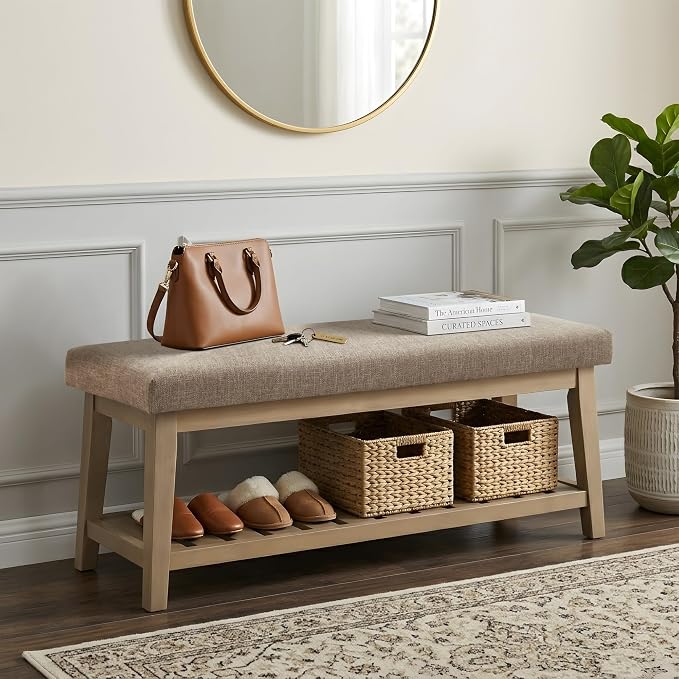 Entryway Bench with Cushion, Upholstered Shoe Rack Bench with Solid Wood Shelf, 44" End of Bed Bench for Bedroom, Chenille Fabric Storage Bench for Entryway, Hallway, Living Room (Brown) - Image 3