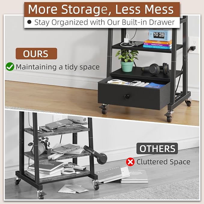 AFLUI Rolling TV Stand with Wheels and Mount & Fabric Drawer - Entertainment Center with Power Outlet and Small TV Stand for Bedroom, Living Room - 15" Black - Image 4