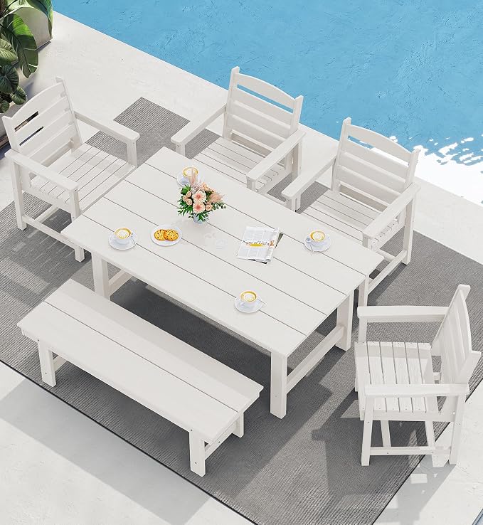 SERWALL HDPE Outdoor Dining Table for 6, 67" Rectangle Patio Dining Table with Umbrella Hole, White - Image 6