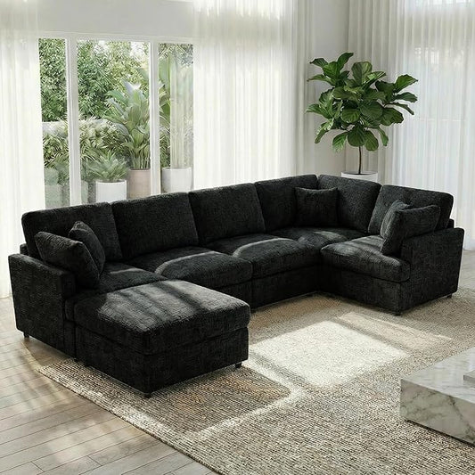 ERYE 122-Inch Modern Corner Modular Sectional Sofa Couches with Ottoman and 4 Toss Pillows, Comfy Chenille Upholstered U-Shaped Sofa Convertible L-Shaped Symmetrical Couch