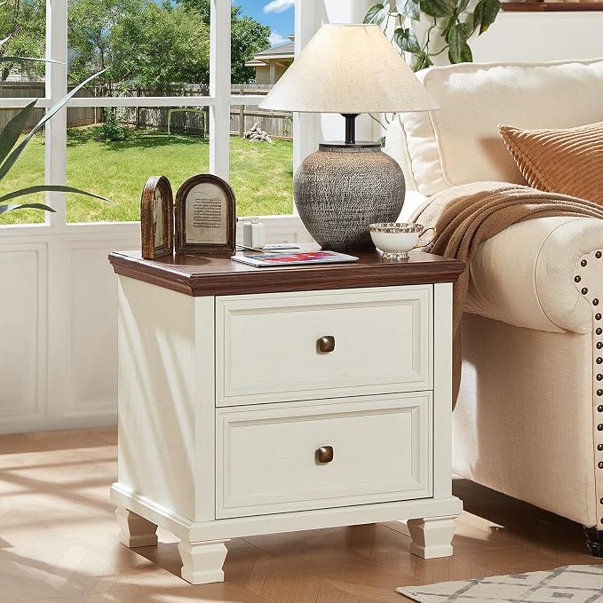 SAVOR LIFE Farmhouse Nightstand with Charging Station, Rustic Low Night Stand with 2 Drawers, Mid-Century Modern End Table with 4 Square Solid Wood Legs, Small Dresser for Bedroom, Home, White - Image 7