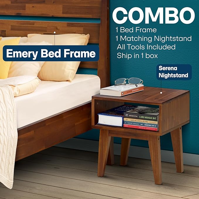 Acacia Emery Queen Solid Wood Platform Bed Frame with Headboard – Gift Matching Nightstand Included, Farmhouse Mid-Century Modern, Walnut Finish, Sturdy, No Box Spring Needed, Easy Assembly