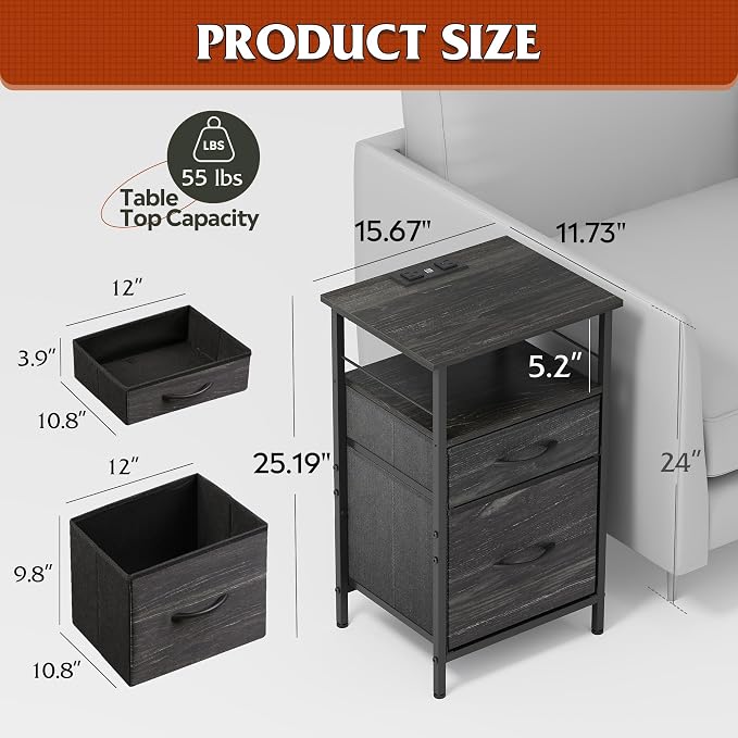 WLIVE Nightstand with Charging Station, Side Table with 2 Fabric Drawers, End Tables for Bedroom, Small Dresser, USB Ports and Outlets, Charcoal Black - Image 3
