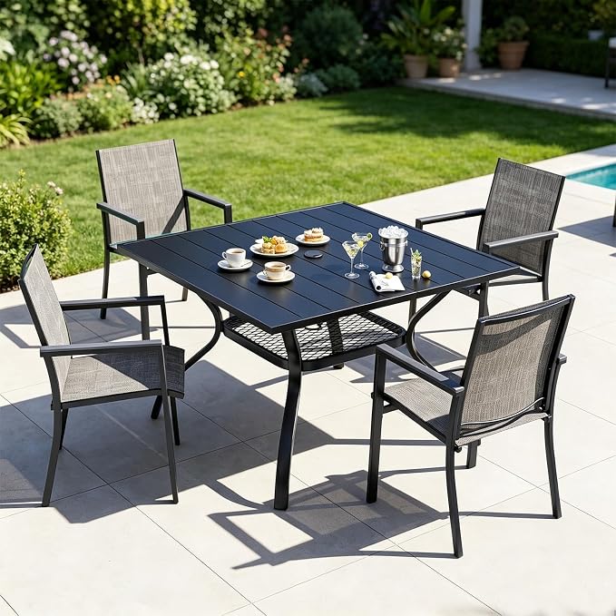 MEOOEM Modern 5 Piece Outdoor Patio Dining Set for 4, Square Patio Table Set with ArmChairs Highback 350LBS, Sturdy Durable Powder-Coated 4 Person Outdoo Dining Set for Outside, Garden, Gray by MEOOEM