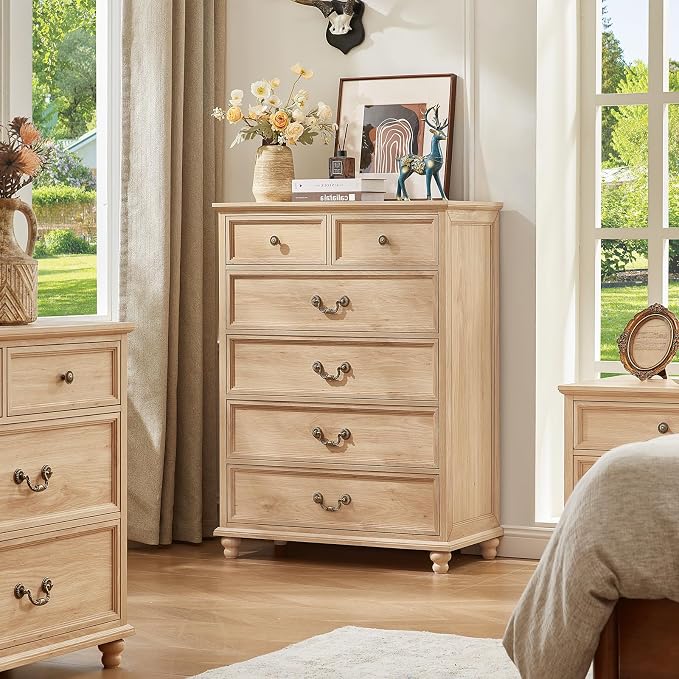Joaxswe Farmhouse 6 Drawer Dresser Set of 2 for Bedroom, 42" Tall Rustic Chests of Drawers w/ 4 Solid Wood Feet, Mid Century Vintage Wooden Closet Storage Dressers Organizer for Living Room,Natural - Image 8