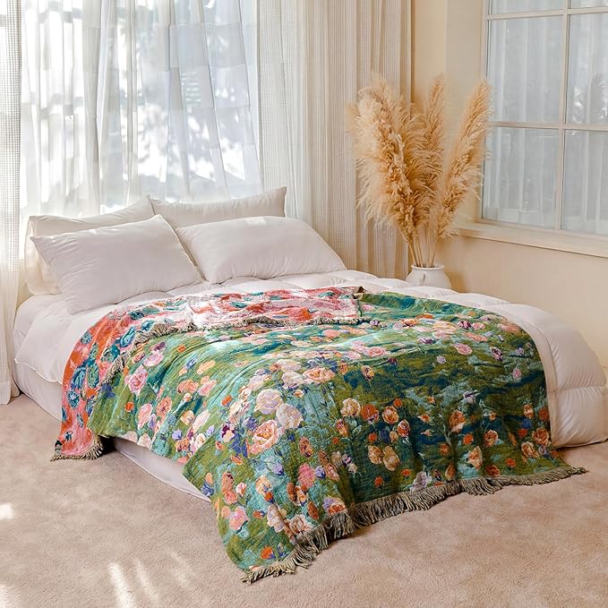 Boho Throw Blanket - 100% Cotton Throw Blankets for Bed Couch, 50"x60" Soft Muslin Lightweight Spring Throw Blanket, Cozy Floral Plant Printed Bohemain Bedding Decor Green Throw Quilt