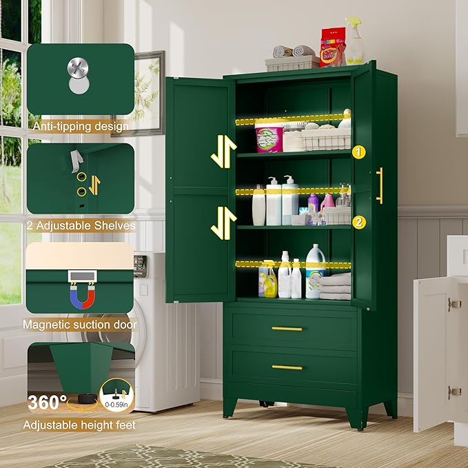 GAIOUS Steel Pantry Cabinet, 71" Metal Storage Cabinets with 2 Doors, 2 Adjustable Shelf and 2 Drawers, Freestanding Storage Cabinet for Bedroom, Kitchen, Home Office (Green)