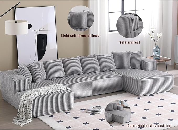 133" Oversized U-Shaped Modular Sectional Sofa, No Assembly Required Floor Couch, Memory Foam Cloud Sofa with 12 Lumbar Pillows, Corduroy Upholstery | Breathable material, Non-Slip, Wider Armrest