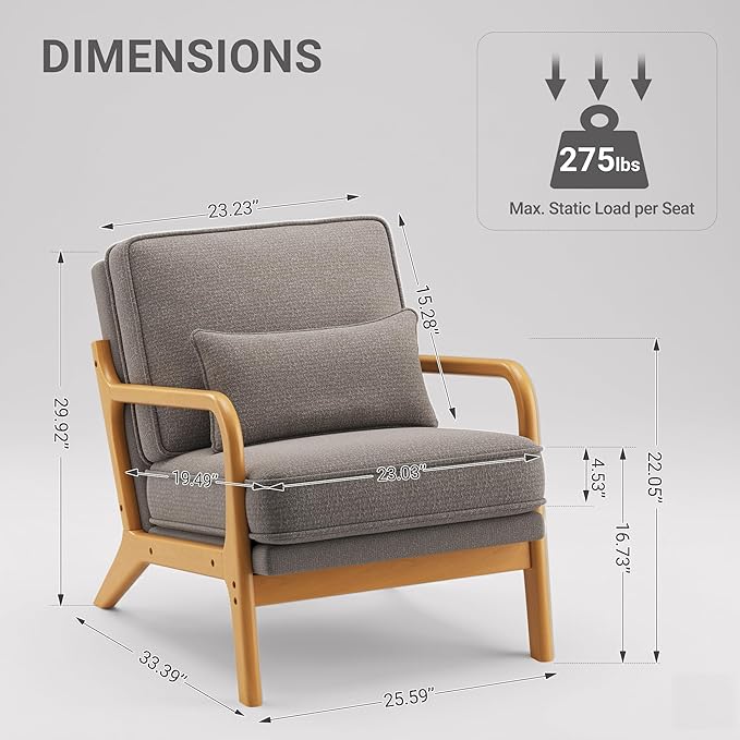 MALOL Accent Chair with Solid Wood Frame, Mid-Century Relaxing Armchair Lumbar Pillow& Soft Cushion, Reading Leisure Chair for Living Room, Bedroom, Waiting Room-Grey