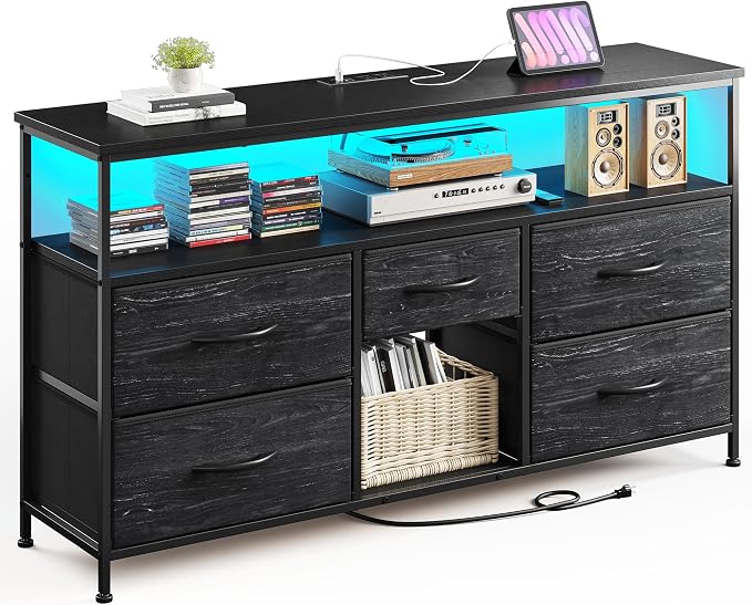 TV Stand for Bedroom with LED Lights & Power Outlets, 5 Drawers Dresser Entertainment Center for 45/50" TV, Fabric Dressers with Storage Wood Shelves for Living Room,Dorm, Sturdy Metal Frame, Black by EnHomee