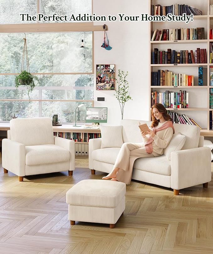 25.2" Couches for Living Room, Comfy Beige Ottoman with Storage, Foot Rest Tool-Free Setup, Small Ottoman Foot Rest for Couch, Corduroy Couch for Bedroom, Apartment, Office