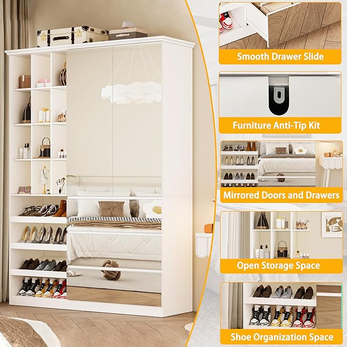 Mirrored Wardrobe Closet with Shoe Cabinet Storage, White Armoire with Shelves and 3 Drawers, Modern Clothes Storage Cabinet with Hanging Rod for Bedroom Guest Room