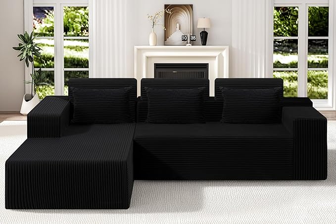 Homguava Modular Sectional Couches for Living Room,105" Cloud Couch with L-Shape Chaise,Comfy Sofa Living Room Sofas with Deep Seat,No Assembly L Couch,Corduroy Fabric(Black,L)
