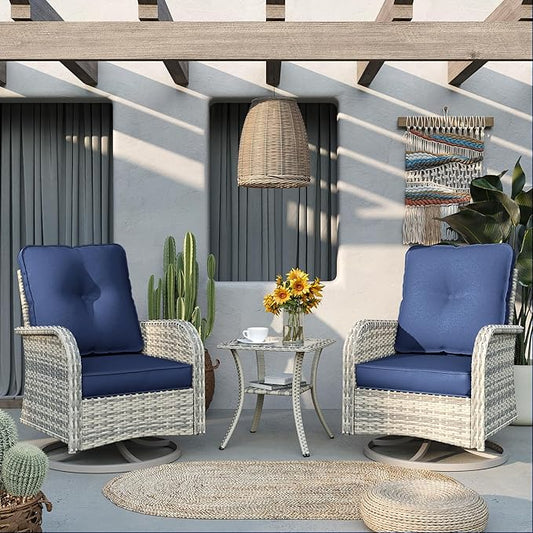 Outdoor Patio Furniture Set Rocking Swivel Chair Wicker Rattan Bistro Set with Tempered Glass Side Table, Outdoor Conversation Set for Garden, Deck, and Balcony,Navy Blue