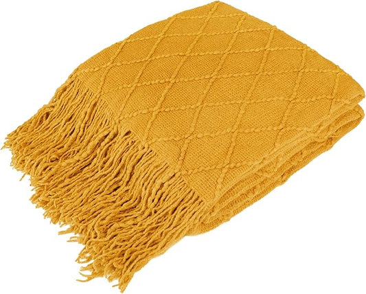 PAVILIA Mustard Yellow Knit Throw Blanket for Couch, Twin Bed, Soft Knitted Farmhouse Sofa Throw for Living Room, Lightweight Decorative Fall Blanket for Chair, Outdoor Textured Boho Blanket, 60x80