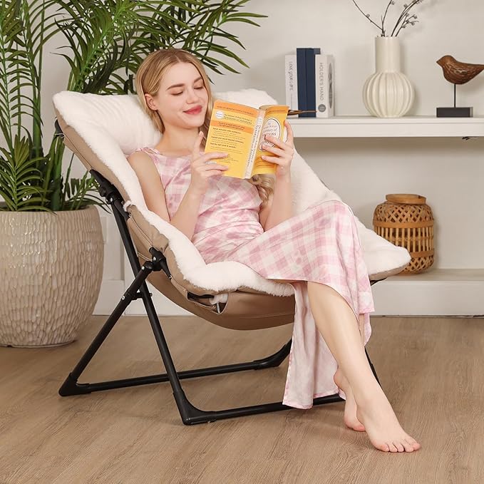 Comfy Saucer Chair for Adults, Set of 2, Soft Faux Fur Bedroom Chair, Accent Dorm Chairs, Flexible Living Room Reading Chairs, Oversized Folding Seat for Teens, X-Large, White