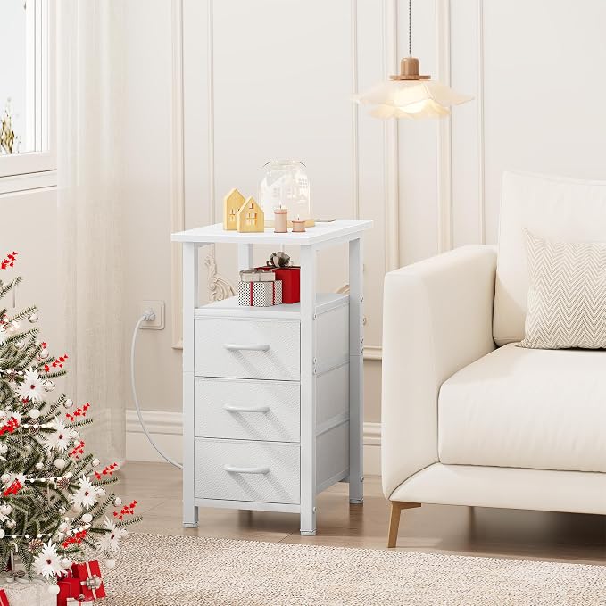 Vagusicc Set of 2 White Night Stand with Charging Station, Narrow Nightstand with U-S-B Ports and Outlets, Small Night Stand 3 Fabric Storage Drawers, Small Bedside Table - Image 2