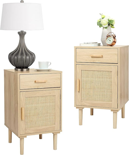 Finnhomy Tall Nightstands Set of 2, Night Stand, Bedside Table Set of 2 with Drawer and Shelf, Hand Made Rattan Decorated Doors, Nightstands with Storage for Bedroom, Natural, 2 Pack by Finnhomy