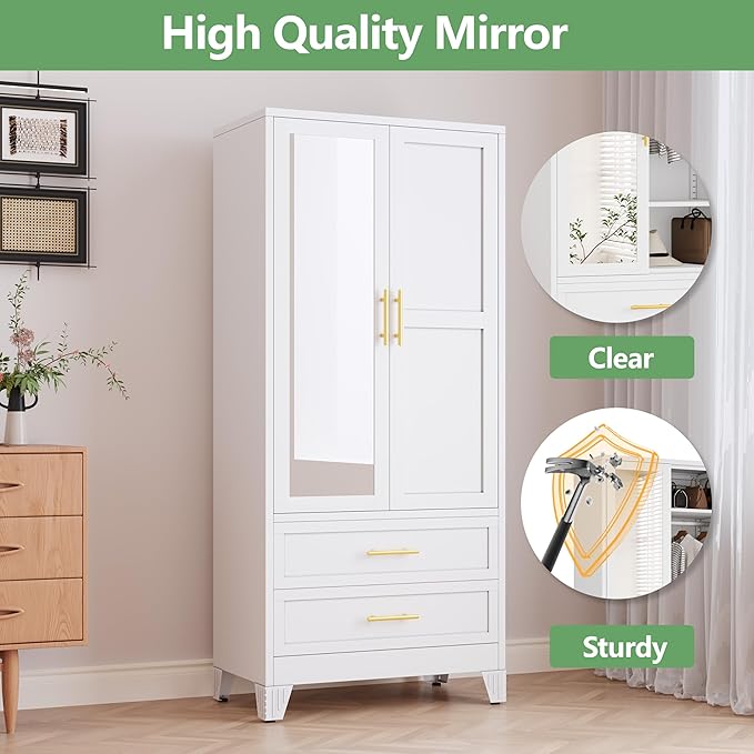 Ckzbx 71" H Metal Armoire Wardrobe Closet with Mirror, Adjustable Shelves, Clothes Drying Pole, Steel Wardrobe Cabinet for Bedroom (2 Drawers White)