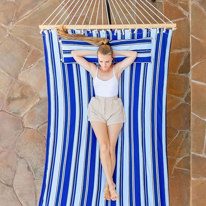 SUNCREAT Two Person Hammock with Stand Heavy Duty, Free Standing Hammocks Outdoors for 2 Person, Max 475lbs Capacity, Blue Stripes - Image 2
