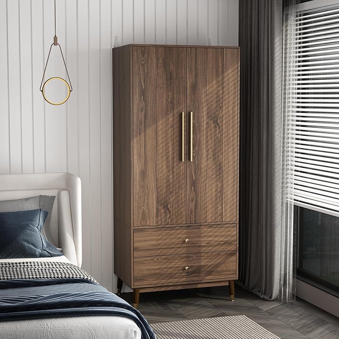 Hitow Wardrobe Armoire Closet with 2 Doors, Wardrobe Cabinet with 2 Drawers & Hanging Rod, Bedroom Armoire Clothes Organizer with Gold Handles, Type B Brown (31.5" W x 19.1" D x 65.1" H)