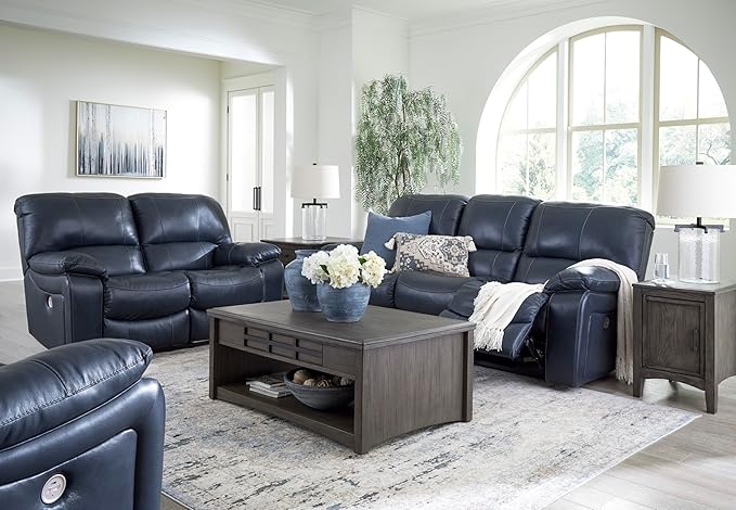Signature Design By Ashley Leesworth Modern Power Rocker Recliner, USB Port, Gentle Rocking, Top Grain Leather and Matched Leather, 41" W x 41" D x 41" H, Blue