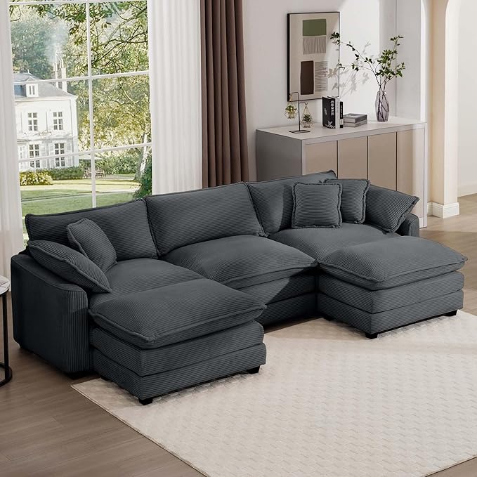 KEIKI 115" U-Shaped Oversized Corduroy Modular Sectional Sofa with 2 Ottoman, High-Density Foam Cushions, Removable Armrests, Upholstered 3-Seater Corner Couch with 5 Pillow, for Living Room, Grey